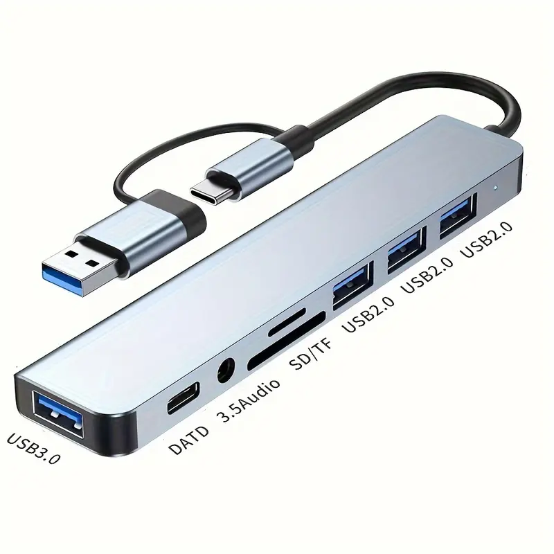 Space-Saving 8-in-1 USB Hub with Audio Jack, Multi-Port Adapter for Tablets, USB-Powered, 5V Operating Voltage, Compatible with Tablets 4