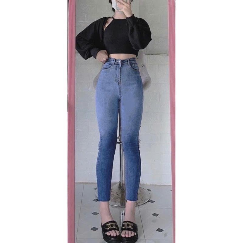 Quần jeans  ôm loang xanh nhạt Cạp Siêu Cao Co Giãn 4 Chiều hách Dáng Cá tính trẻ trung thời trang phái đẹp Nữ - Women quần  bó