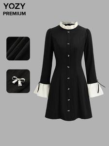 YOZY Women's Colorblock Ruffle Trim Flounce Sleeve Dress, Elegant Stand Collar Long Sleeve A Line Dress for Party Holiday Wedding Guest, Ladies Clothes for All Seasons