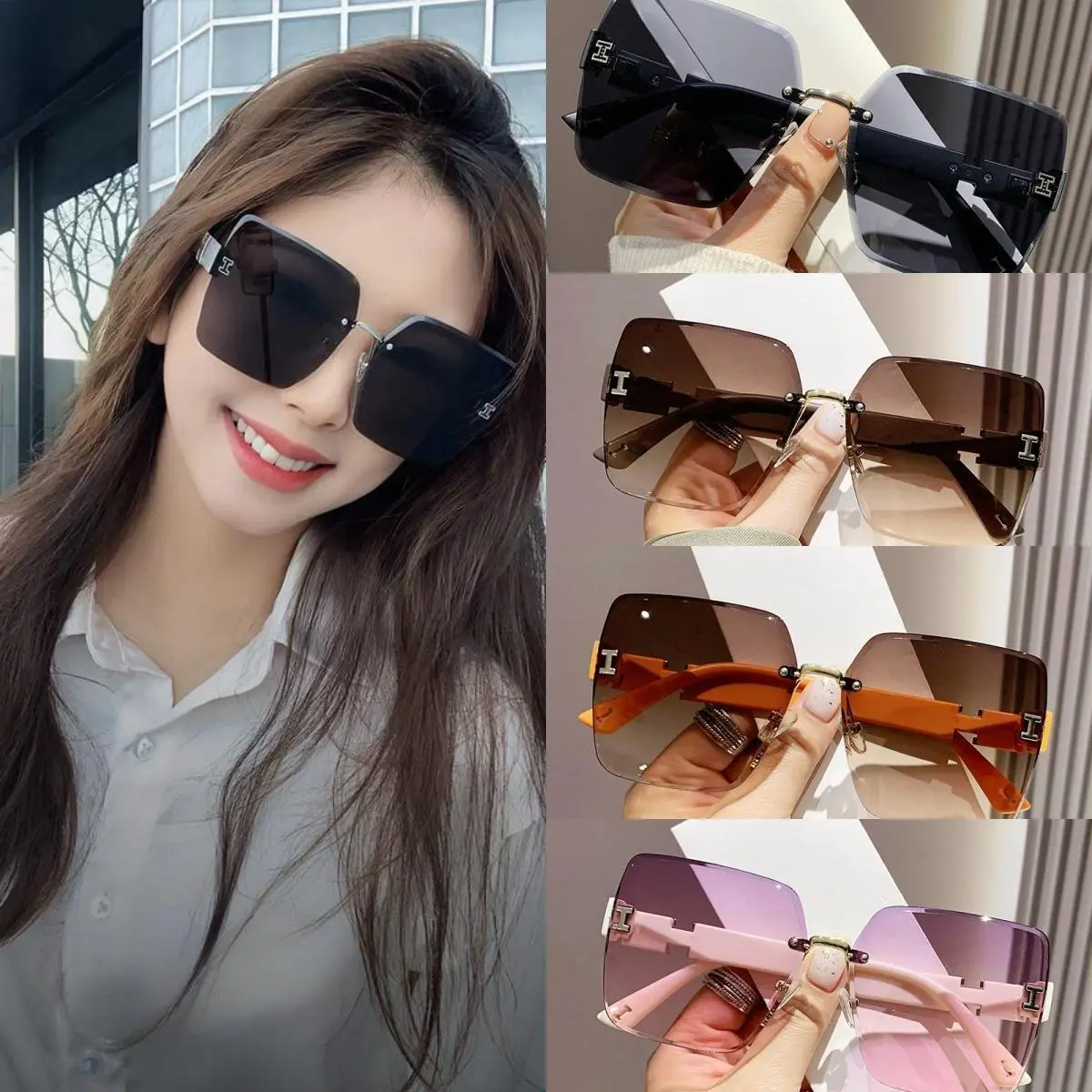 2024 มาใหม่,แว่นกันแดดแฟชั่นสำหรับผู้หญิง, ป้องกันรังสียูวี, แว่นกันแดดไร้กรอบ,  บุคลิกภาพและลำลอง, มีให้เลือก 4 สีแว่นตาสงกรานต์