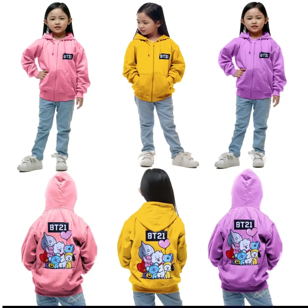 Jaket Hoodie Anak Perempuan BT21 Untuk Usia 2-10 Tahun