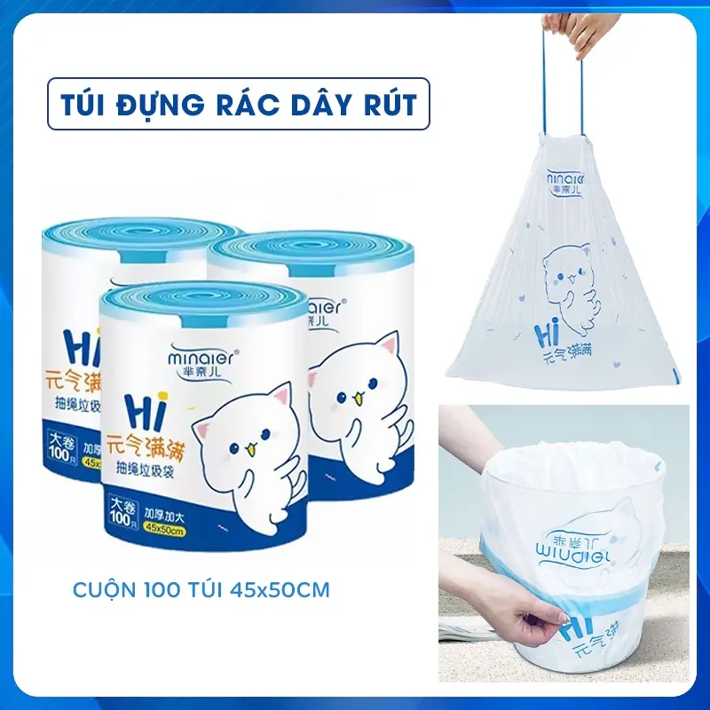 Cuộn 100 Túi Đựng Rác Có Dây Rút Minaier Loại Siêu Dày Dai Chắc Chắn, Túi Đựng Rác Chống Rò Rỉ Nước. 1