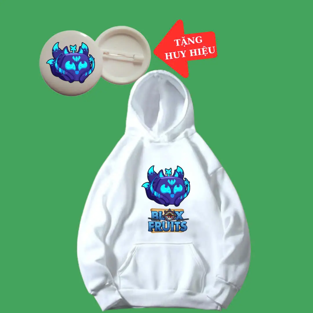 Áo Khoác Hoodie Trái Cây Ắc Quỷ Blox Fruit trẻ em dày tay, màu trắng vải Nỉ có mũ-Kèm huy hiệu