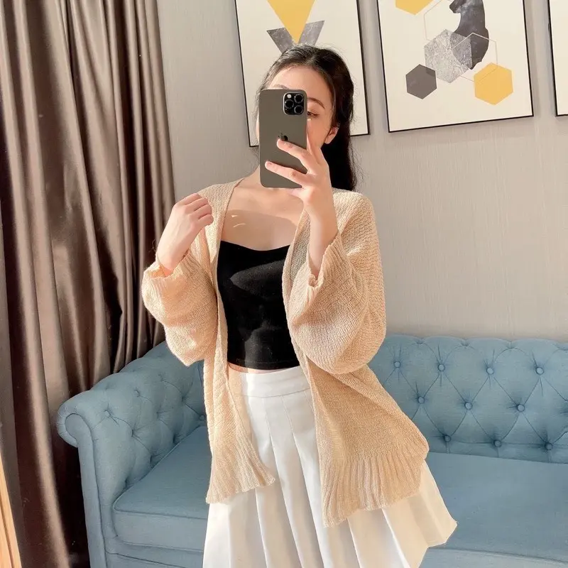 Áo khoác cardigan len mỏng phong cách hàn quốc Nữ Women Nhung Kem 6