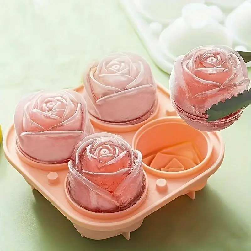 4 Grid Rose Shaped Ice Cube Mold, 1 Count Multi-purpose Chocolate Jelly Ice Molds, Kitchen Refrigerator Supplies for Bakery 0