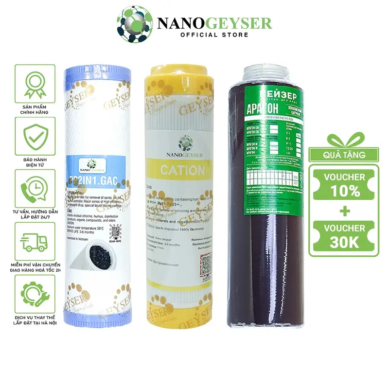 Bộ 3 lõi lọc nước 123 dùng cho các dòng máy NANO, Lõi PP.2IN1.GAC, Cation, Aragon Nano Geyser 0