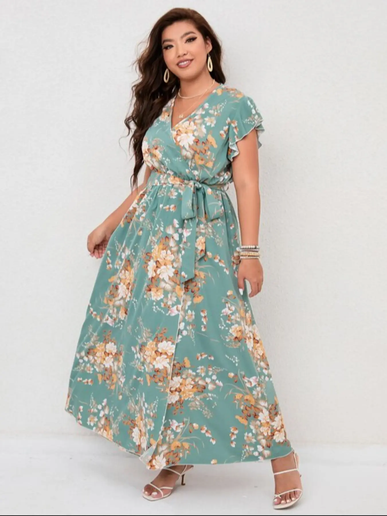 Women's Plus Size Floral Print Belted Split  Butterfly Sleeve Wrap Dress, Boho V Neck Short Sleeve A Line Dress for Beach Vacation Holiday Wedding Guest, Women's Clothes for Summer