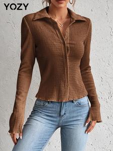 YOZY Women's Textured Button Front Collared Coat, Casual Long Sleeve Outerwear for Fall & Winter, Ladies Clothes for Daily Wear