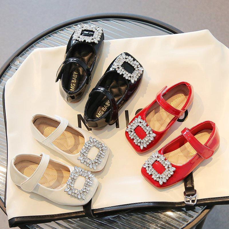 Giày búp bê da PU bóng mềm đính đá lấp lánh điệu đà cho bé gái - Giày đế bệt có quai ngang phong cách công chúa mã 986 Mùa đông