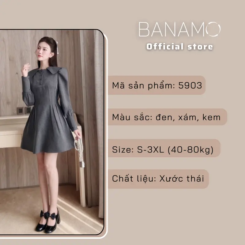 Váy nữ BIGSIZE Banamo Fashion đầm dài tay dáng xòe thiết kế chiết eo cổ ve tiểu thư thanh lịch 5903 4