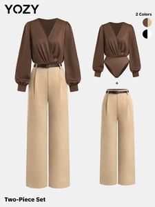 YOZY Women's Solid Wrap Bodysuit & Belted Pants Two-piece Set, Elegant Long Sleeve Bodysuit & Trousers for Work Office Business, Ladies Clothes for All Seasons