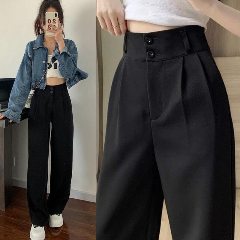Quần Tây Đen Ống Rộng Lưng Cao Suông Dài 2 Khuy Cạp Cao Ulzzang Culottes Nữ Hàn Quốc - Chất Vải Mềm Ống Đứng Pants Dáng Dài