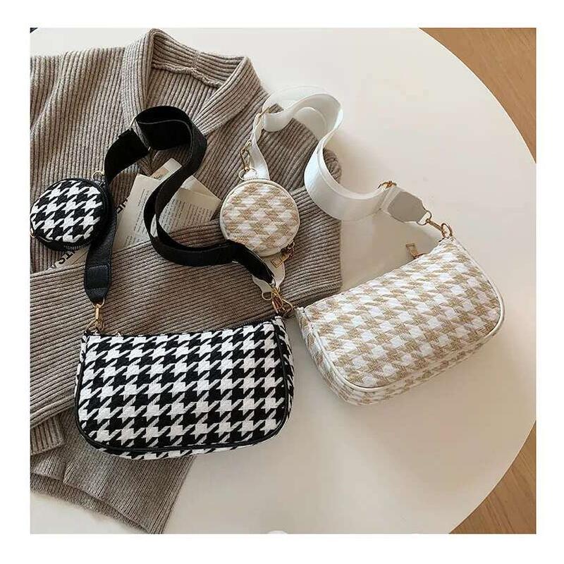 Product Introduction of Female Vintage Plaid Printing Shoulder with Mini Round Purse Pendant Women Casual Small Crossbody Bags 2pcs Composite 20