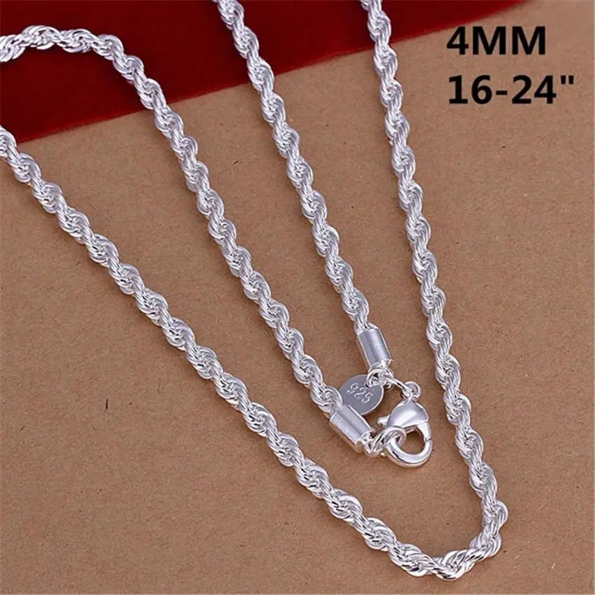 Charm 925 Silver Chain Necklace Men Rope Chain Necklace Pendant for Women Men Fashion Wedding Party Jewelry Accessories 16-24inch 4MM