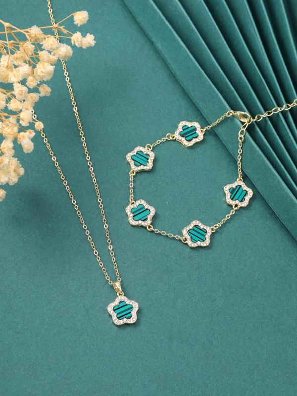 Spring Romantic Flower Charm Bracelet & Pendant Necklace, Real Jewelry Sets, Saint Patrick's Rhinestone Decor Women's Summer Accessories for Daily Wear, Todays Flash Sale Bundles Valentine's Day Gift, Vintage Jewelry  Jewelry Set for Women 0