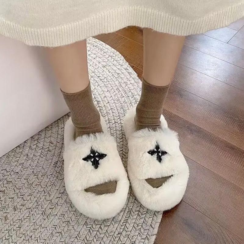 Dép lông bản ngang 5cm và 2cm gắn CHỮ THẬP cá tính Mùa đông DéP Slipper Quai Ngang Nữ Có Quai