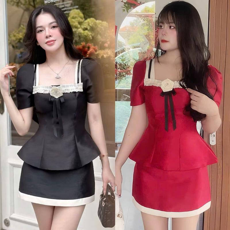 Set BIGSIZE Váy + Áo dễ thương thanh lịch phom A che khuyết điểm- may 2 lớp đúp lót tỉ mỉ - chân váy có lót quần bên trong - Ú XINH STORE - S64 Set Tafta Fine Hoa Rời