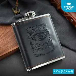 One Two Cups Botol Bir Hip Flask Stainless Leather 7oz with Shot Glass