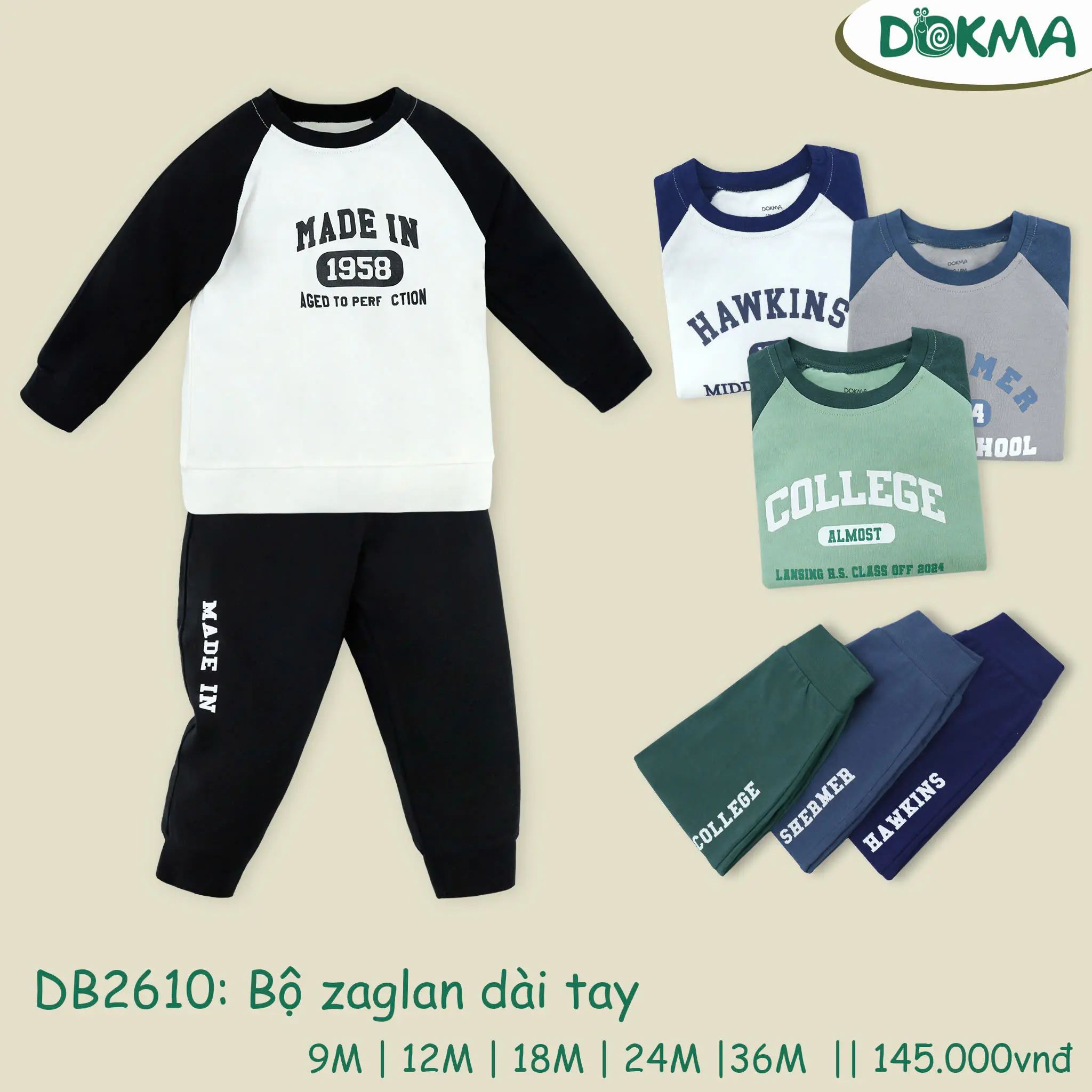 Bộ dài tay bé trai Dokma DB2610 12-36m~8-14kg