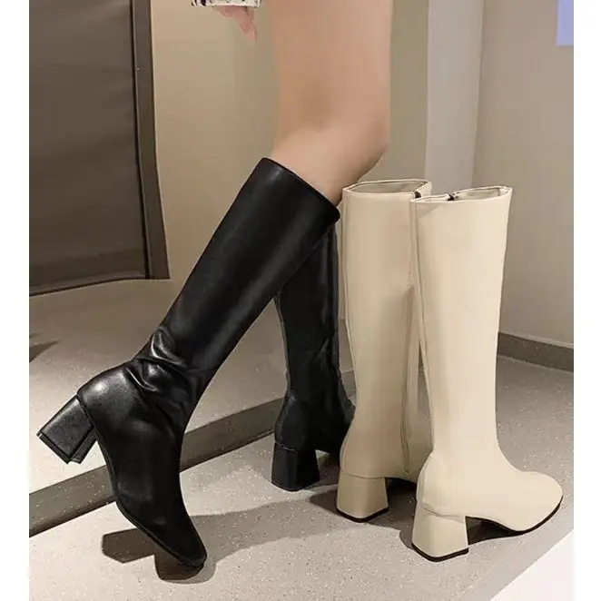 Bốt đùi nữ đế vuông boots da mềm lót lông đế cao 5cm 5