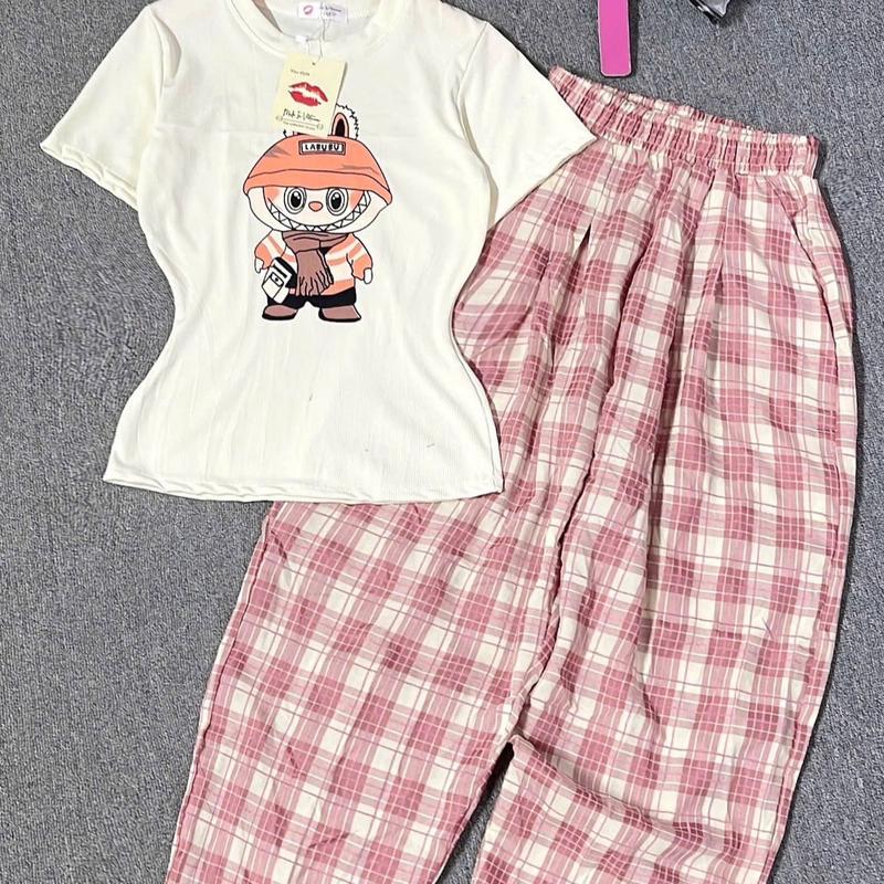 Bộ labubu áo thun tăm dáng ôm quần đũi bagy Nữ Free size 40-55kg set caro babydoll