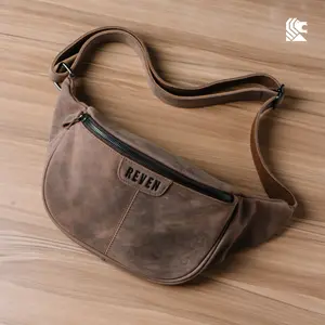 REVEN Jeiger Tas Selempang Waistbag Motoran Cowok Kulit Sapi Crazy Horse Tahan Air Keren Untuk Gaya Brown Plain Pria