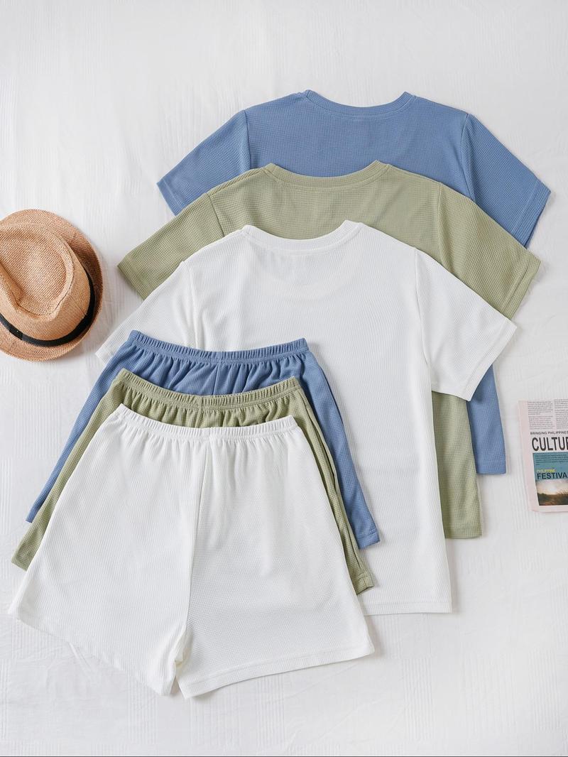 Product Introduction of Women's Solid Waffle Knit Lounge Set, Casual Comfy Short Sleeve T-shirt & Shorts Matching Pj Set, Ladies Sleepwear for Summer, Perfect Matching 2