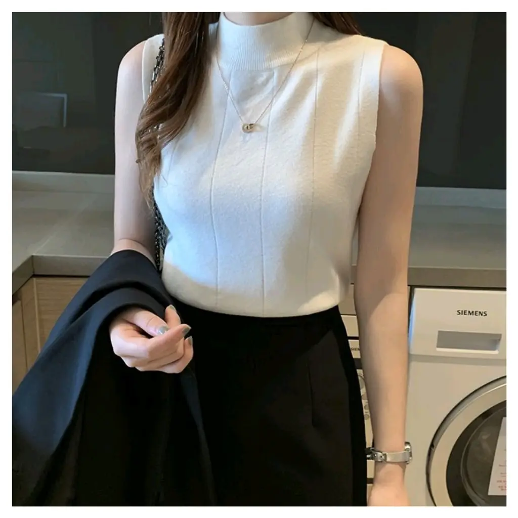 Winny Inner Sleeveless Knit Yukensi Rajut tanpa lengan Melar Panjang Tank Top Wanita Hitam Atasan Nyaman