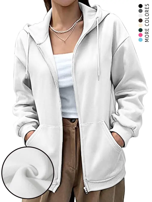 Women's Plain  Zip Up Drawstring Pocket Hoodie, Casual Long Sleeve Hooded Sweatshirt for Fall & Winter, Women's Clothes for Daily Wear 2