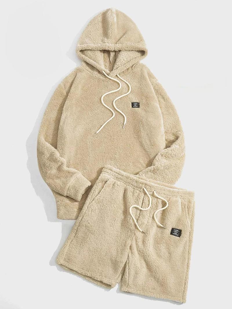 Product Introduction of Two-piece Set Men's Letter Patched Drop Shoulder Hoodie & Drawstring Waist Shorts Set, Men's Sweatsuit Set, Casual Fashion Cozy Regular Fit Outfits for Daily Outdoor Wear, Menswear, Men's Clothes Suits for Fall & Winter, Men's 2 Piece Set, Two Piece Men 2