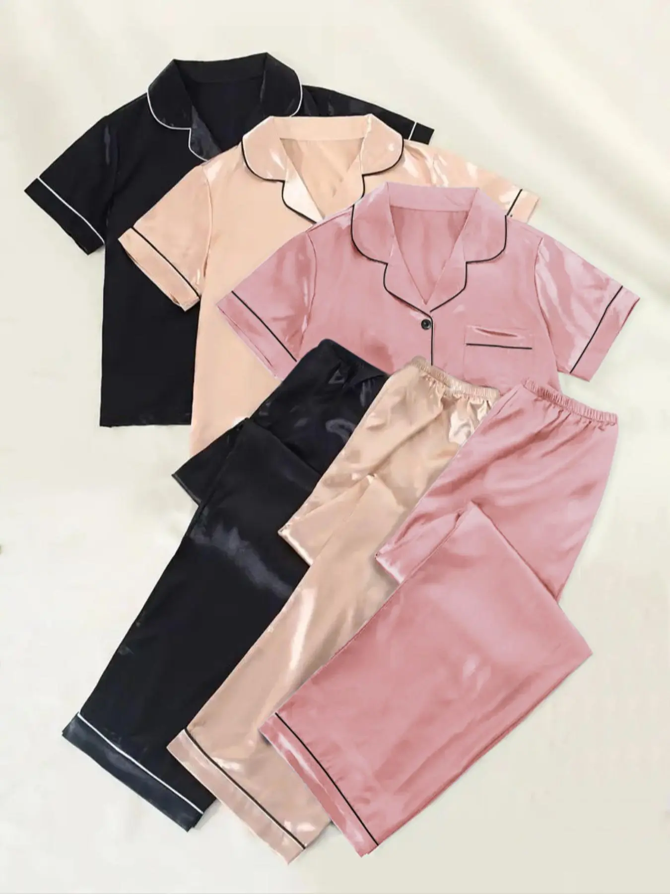 Women's Solid Satin Pyjama Set, Short Sleeve Lapel Neck Pocket Shirt & Elastic Waist Pants PJ Set, Casual Comfortable Sleepwear Set for Women, Pajamas Sets Women