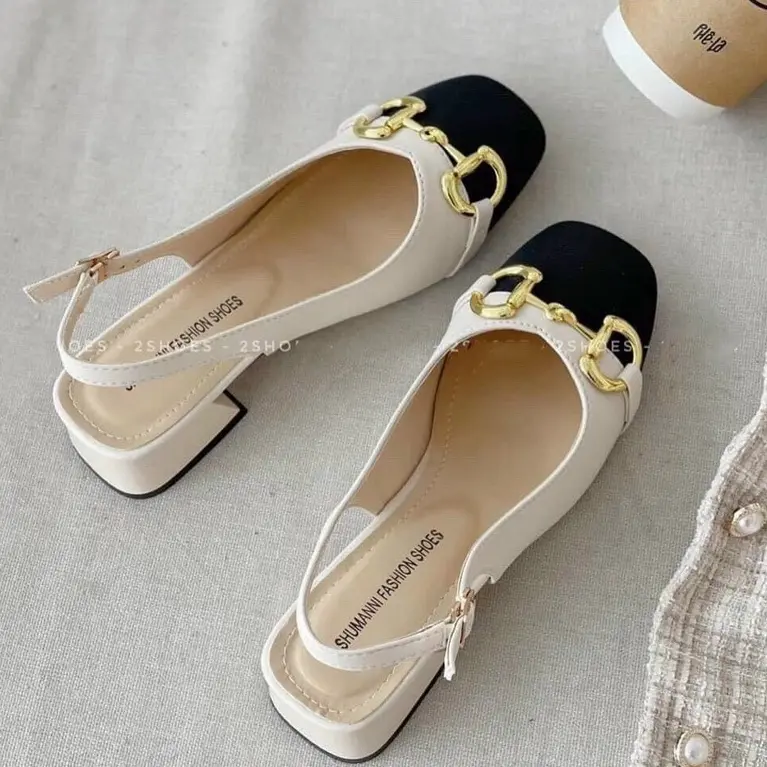 Giày sandal dáng slingback nữ mũi tròn phối khoá xinh xắn đế 3cm 2 màu đen trắng phong cách công sở nữ tính - Mã G55 DéP Shoes Hoa Đồng Nhung