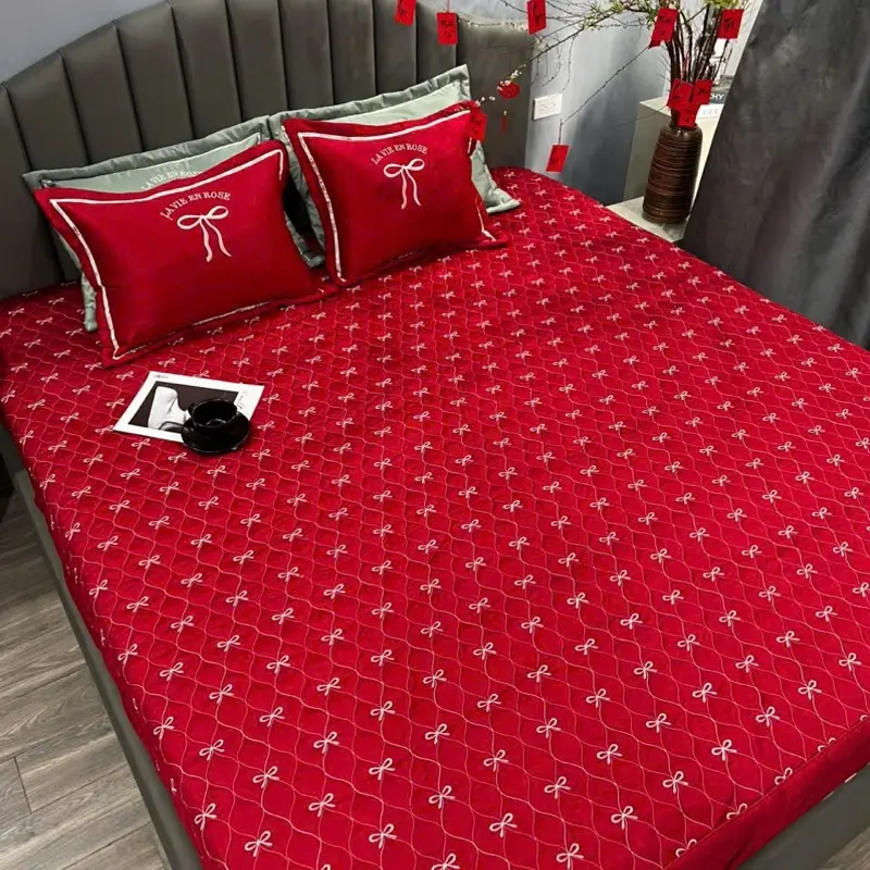 Set ga gối phi lụa thêu nơ cao cấp-chất phi lụa mềm óng