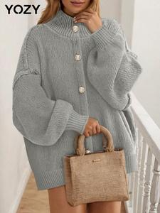 YOZY Women's Plain Button Front Drop Shoulder Sweater Cardigan, Casual Long Sleeve Stand Collar Cardigan for Fall & Winter, Women's Knitwear for Daily Wear