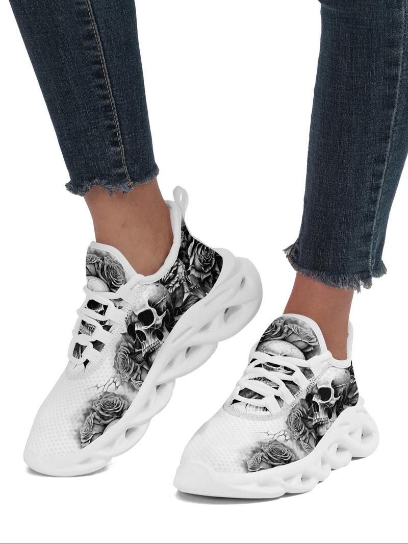 Product Introduction of Women's Trainers, Fashionable Skull & Floral Print Lace Up Low Top Sneakers, Casual Comfortable Blade Soles Sports Shoes, All-match Round Toe Chunky Sneakers for Daily 20