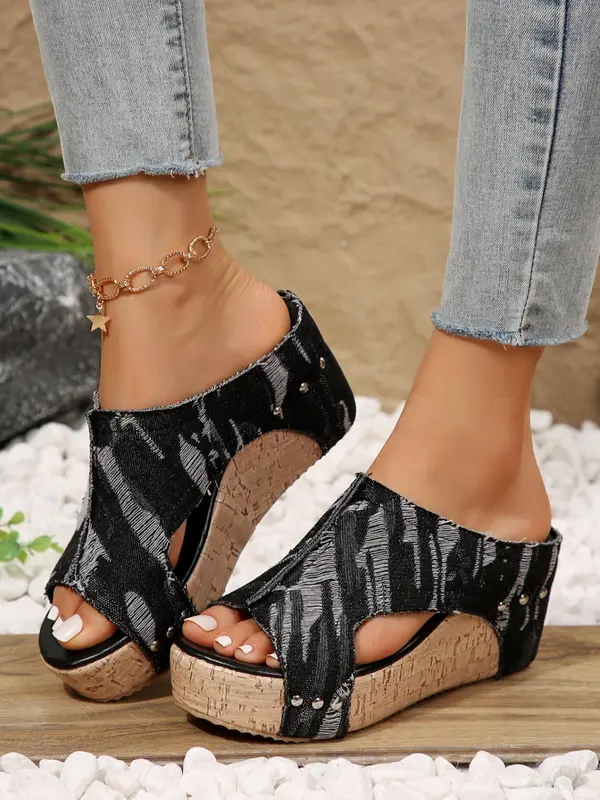 Women's Fashionable Denim Design Platform Sandals, Casual Comfortable Wedge Sandals for Beach, Fashion Shoes for Party, Daily Clothing Decor, Footwear 2
