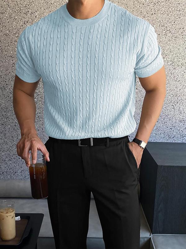 Men's Slim Textured Round Neck Cable Knit Top, Casual Short Sleeve Knitwear for Summer, Menswear for Daily Wear 6