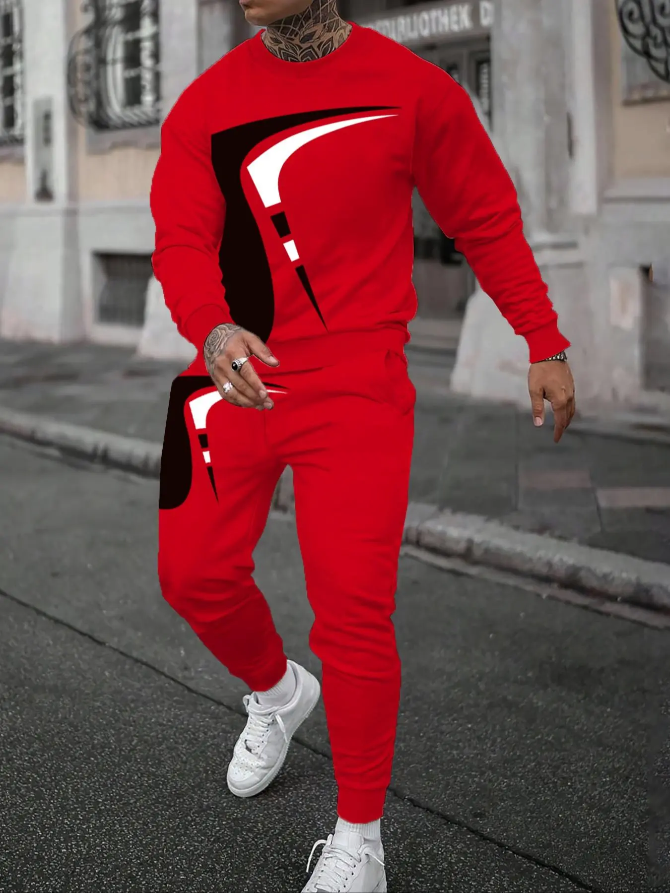 Men's Graphic Print Sweatshirt & Drawstring Waist Sweatpants Set, Regular Fit Casual Round Neck Long Sleeve Pullover & Pocket Jogger Pants, Men's Outfits for Fall & Winter