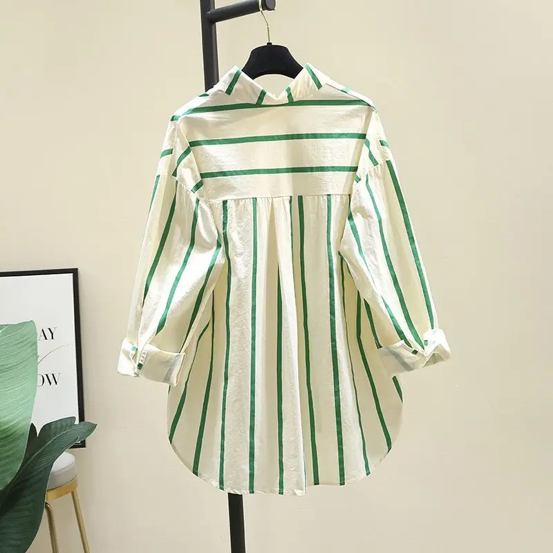 Young Green Striped Shirt for Women 2024 Spring and Autumn New Korean Style Loose Casual Long Sleeves Shirt Sun Protection Shirt Top