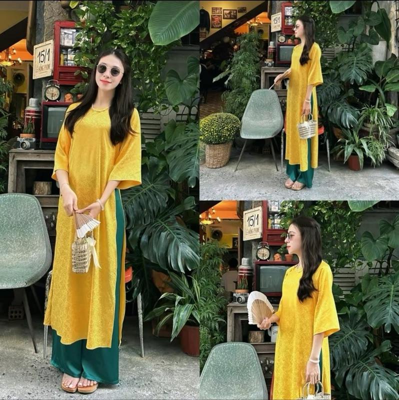  Áo dài cách tân lụa gấm hoa mềm mịn dáng suông cổ tròn mặc Tết 2024 Nữ Women Kem Voan Dress Sen áo cách tân bigsize 