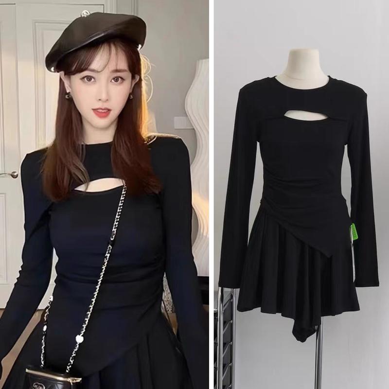  Áo thun dài tay cổ tròn thiết kế vạt nhọn khoét hở ngực dúm eo 1 bên A45 Top Nữ Sơ Mi Đen Voan Women Kem Voi Voan Women 