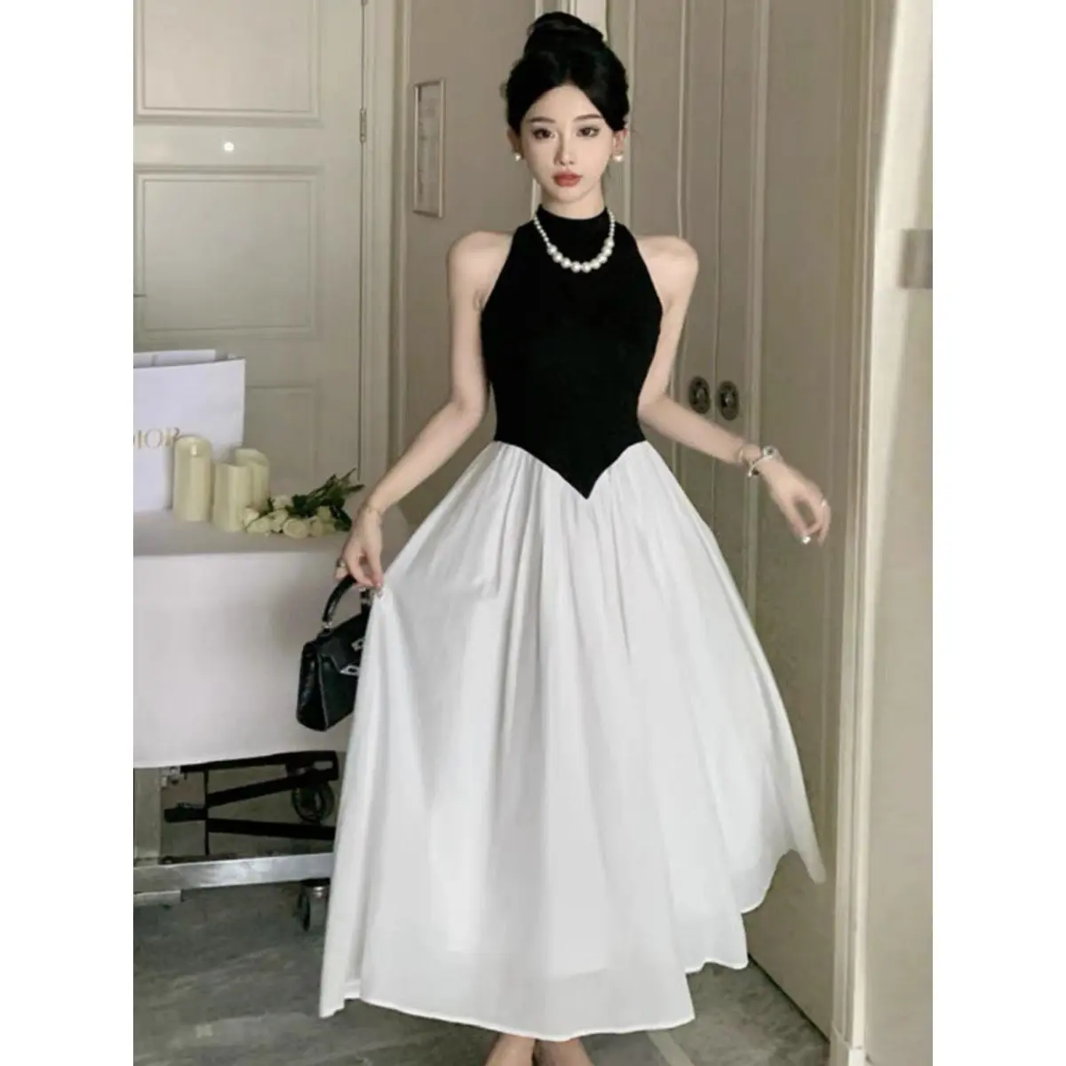 Váy Vest Thanh Lịch Không Tay, Cao Cấp, Dành Cho Phụ Nữ, Mùa Xuân Và Mùa Hè, Phong Cách Hepburn Nhỏ Cổ Yếm Kiểu Pháp, Trang Phục Trang Trọng Women Dress