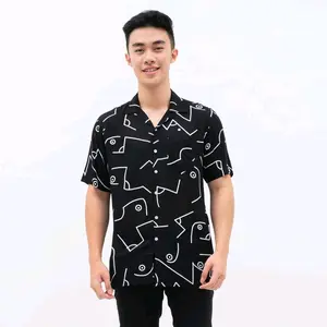 Kemeja Rayon Piyama Motif Coret Hitam Lengan Pendek Pria Wanita