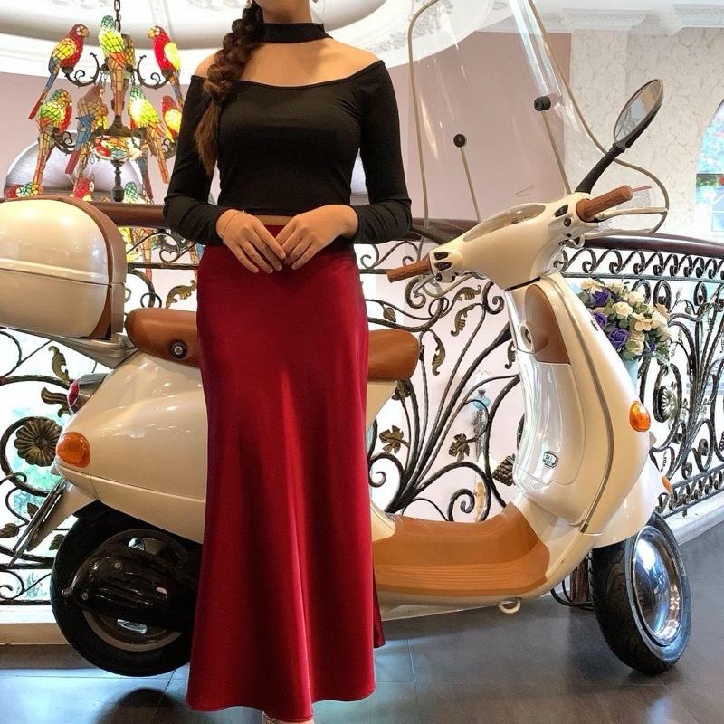 Chân váy lụa đuôi cá dáng dài 92cm lụa vân gỗ mềm mịn dày dặn mát Nữ có bigsize 1 lớp