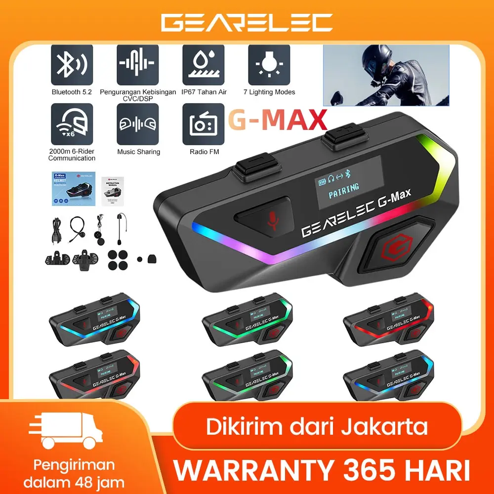 GEARELEC G-MAX Headset intercom Bluetooth Helm Sepeda Motor 6 orang Interkom 2000M Sistem Komunikasi Nirkabel Interkom dengan Lampu Tampilan Pintar Berbagi Musik Radio FM