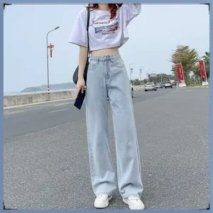 XJ0012 Celana Jeans Wanita Korea Biru Waist High Denim Kaki Nyaman Panjang Pendek Retro