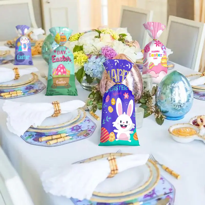 Easter Themed Candy Bag, 50pcs/set Cute Rabbit Egg Pattern Gift Bag with Twist Tie, Gift Wrapping Supplies for Party Festival Birthday 2