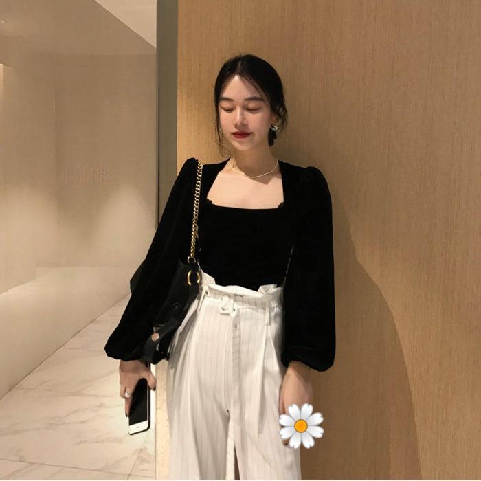 Kemeja lengan panjang retro fashion korea atasan off-shoulder beludru hitam wanita blouse baju atasan wanita velvet top crop 5