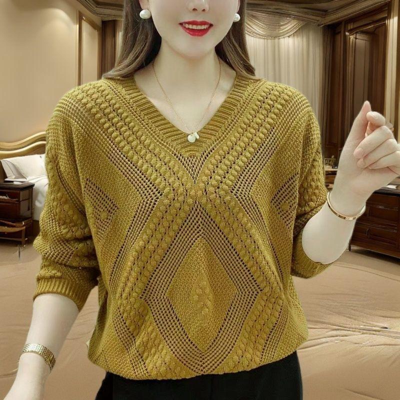Product Introduction of Áo dệt kim mỏng hợp thời trang khoét rỗng cổ chữ V đầu thu cho cô gái béo cỡ lớn 150,00kg, áo chống nắng Top 2