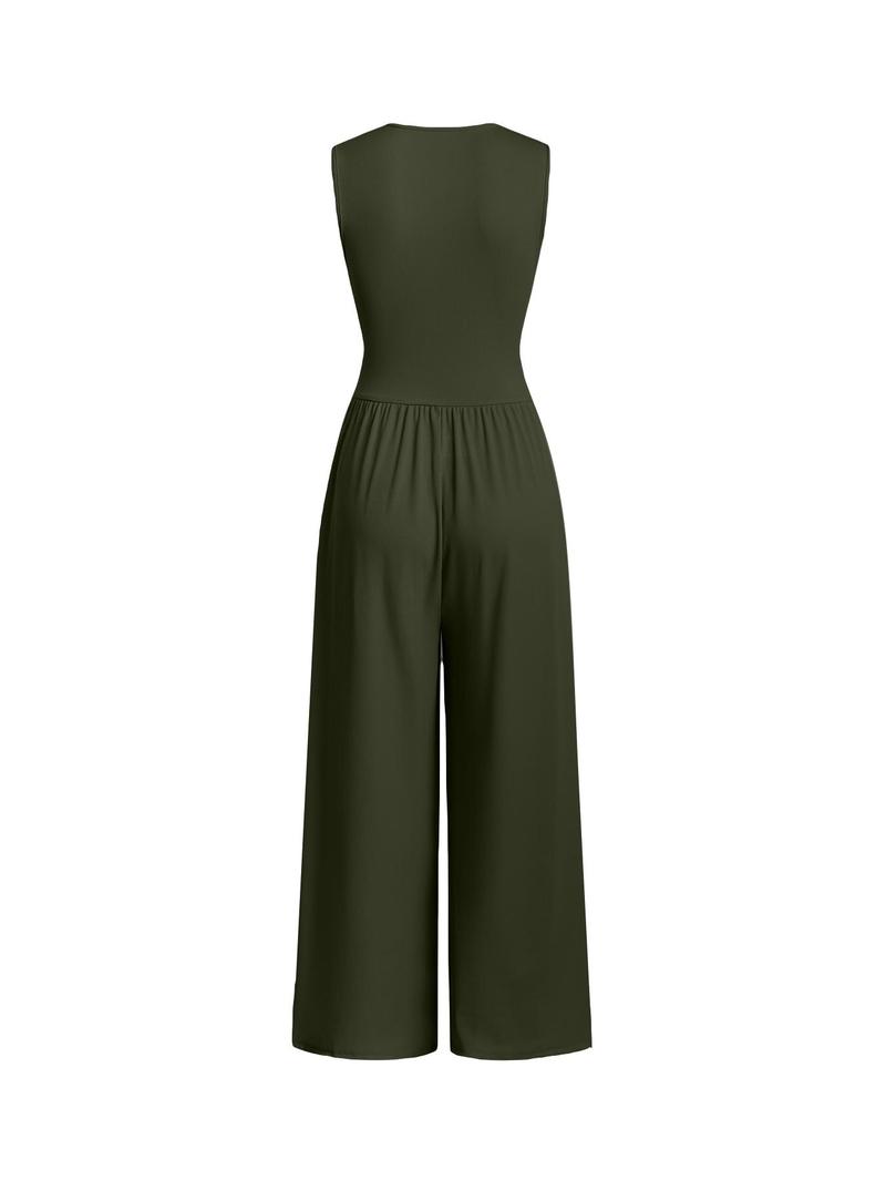 Product Introduction of Women's Plain Ruched Deep V Neck Ribbed Jumpsuit, Elegant Sleeveless Wide Leg Jumpsuit for Summer, Back to School Outfits, Ladies Clothes for Beach Holiday Vacation 9